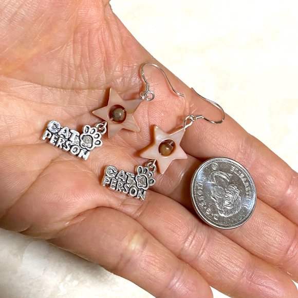 2/$20, Pink Mother of Pearl Star + Cat Person Paw Print Dangle Earrings - Picture 9 of 10
